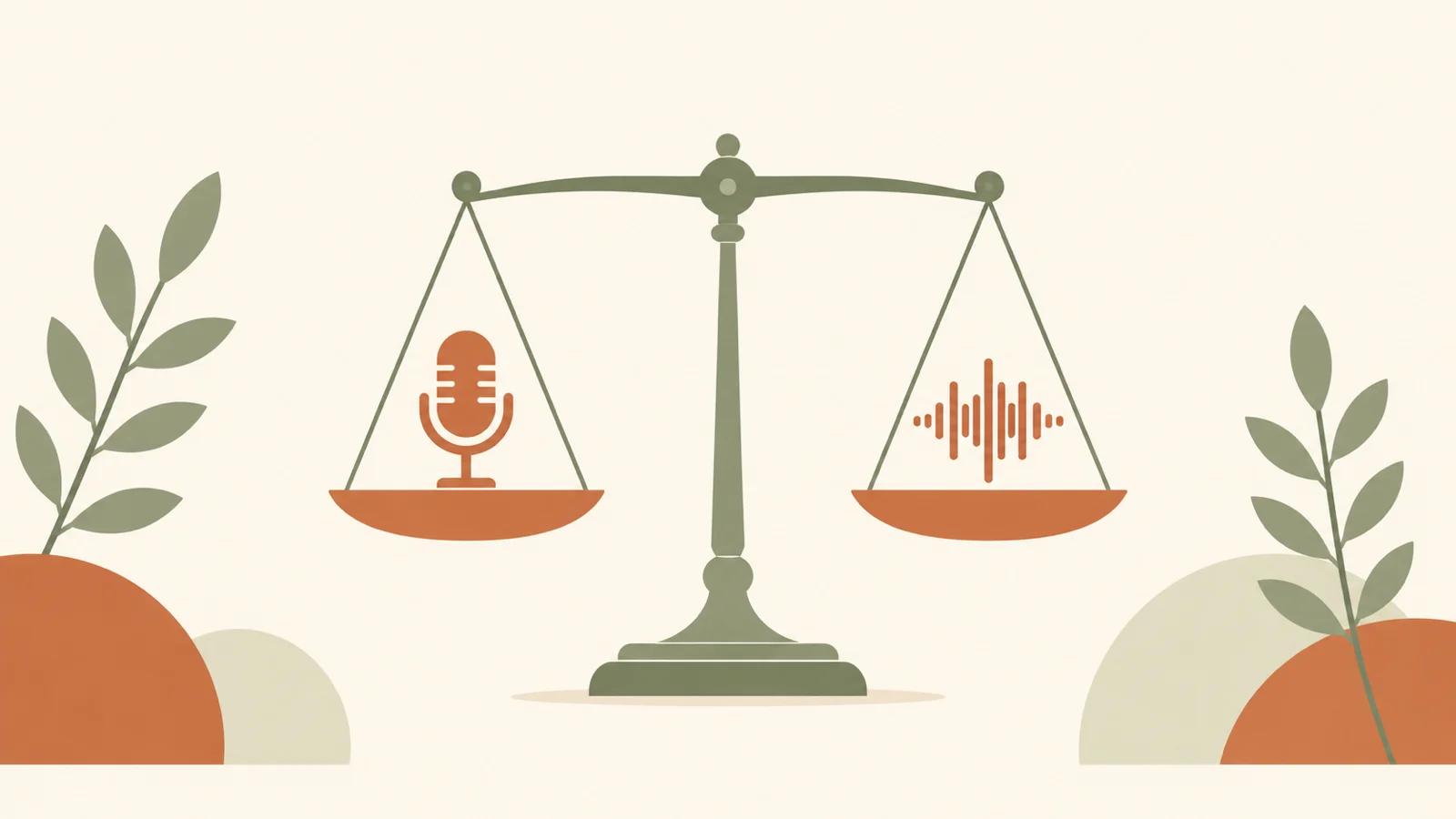 Flat-vector editorial illustration of two stylized soundwave/microphone icons on either side of a simple balance scale, a small stack of coins beneath the lighter side, rendered in warm cream with muted terracotta and sage accents — no text, no people.