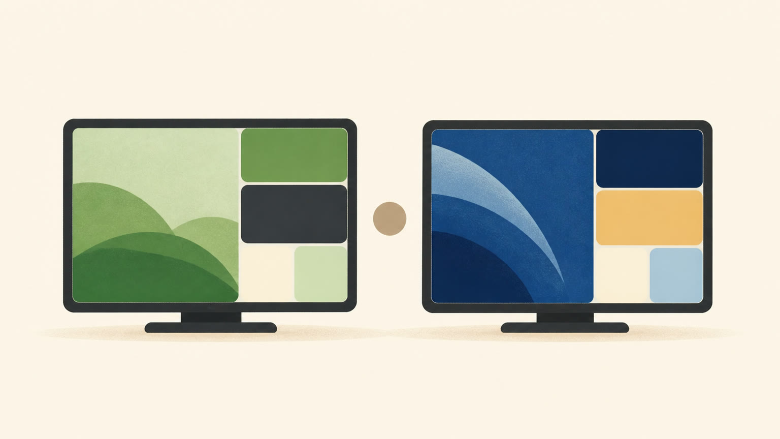 Two abstract TV screens comparing a green streaming catalog with a blue family streaming catalog