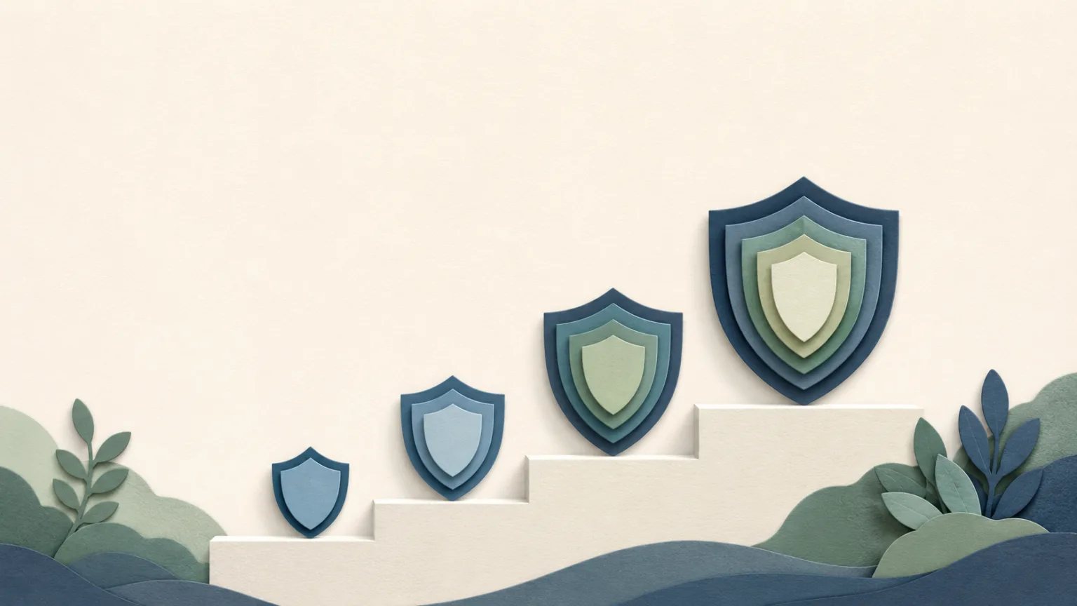 Flat-vector hero of four stacked plan tiles rising like steps, each with a small added icon, warm cream background with muted terracotta and sage accents, no text and no people