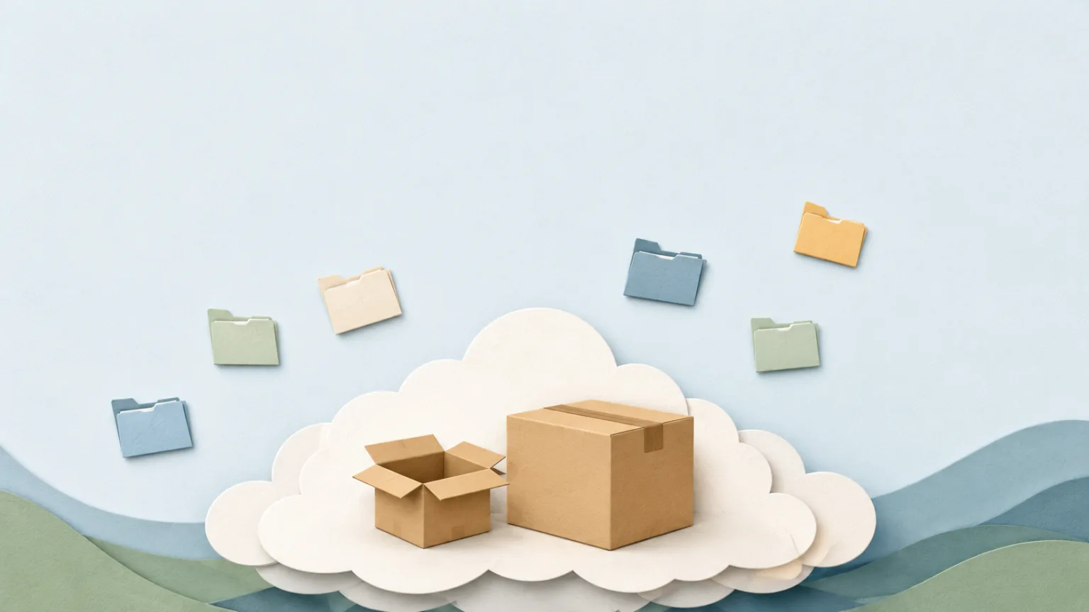 Flat-vector hero of three cloud tiles of increasing size, each holding an encrypted-file icon, warm cream background with muted terracotta and sage accents, no text and no people