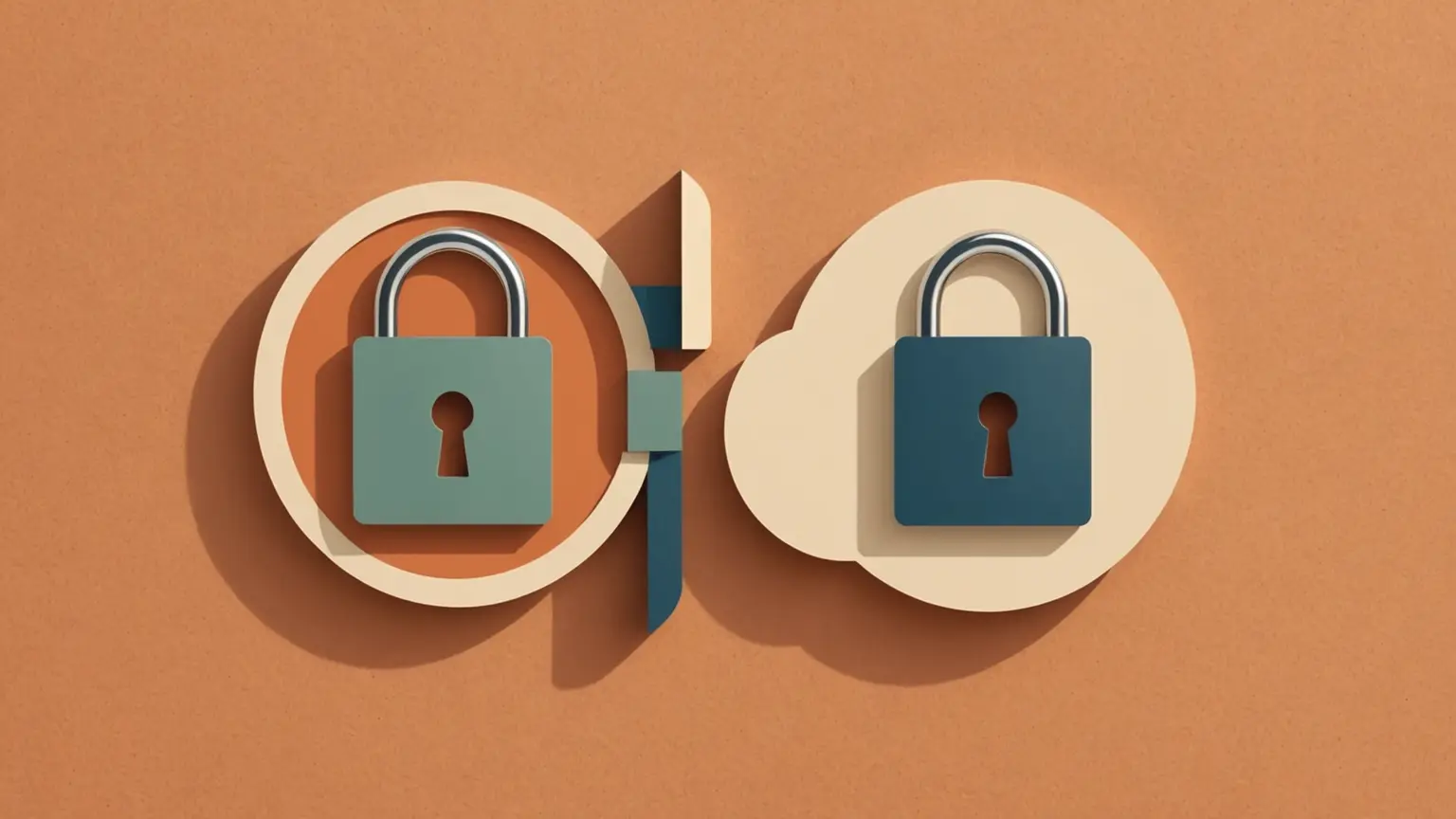 Flat-vector hero of two contrasting VPN shield tiles, one feature-rich with app icons and one stark and minimal, warm cream background with muted terracotta and sage accents, no text and no people