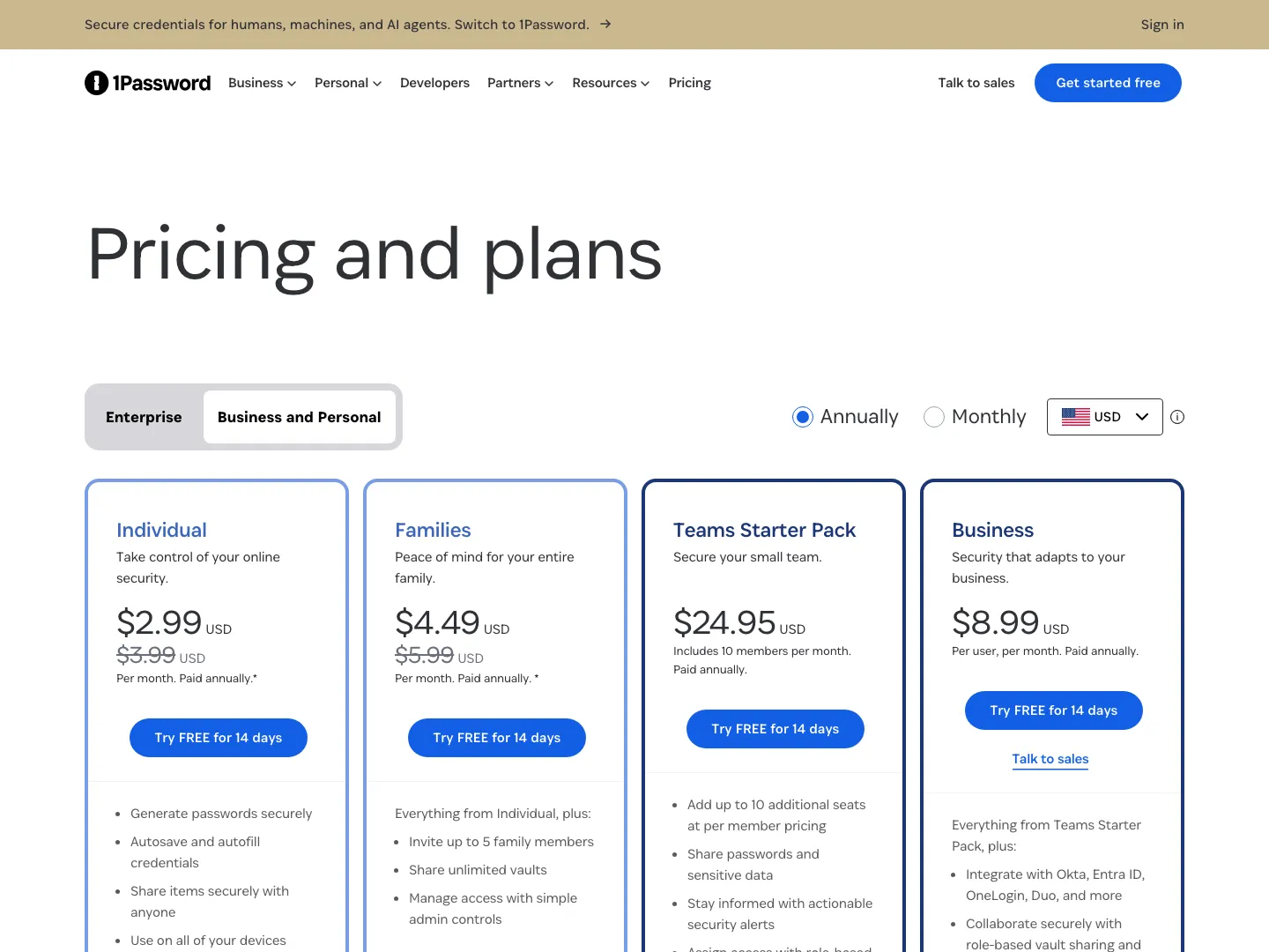 1Password pricing and plans page showing four tiers in USD, billed annually โ Individual at $2.99/mo (list price $3.99 struck through), Families at $4.49/mo (list price $5.99 struck through), Teams Starter Pack at $24.95/mo, and Business at $8.99/mo