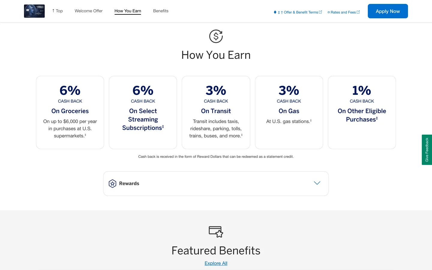 American Express Blue Cash Preferred page showing 6% cash back on select U.S. streaming subscriptions