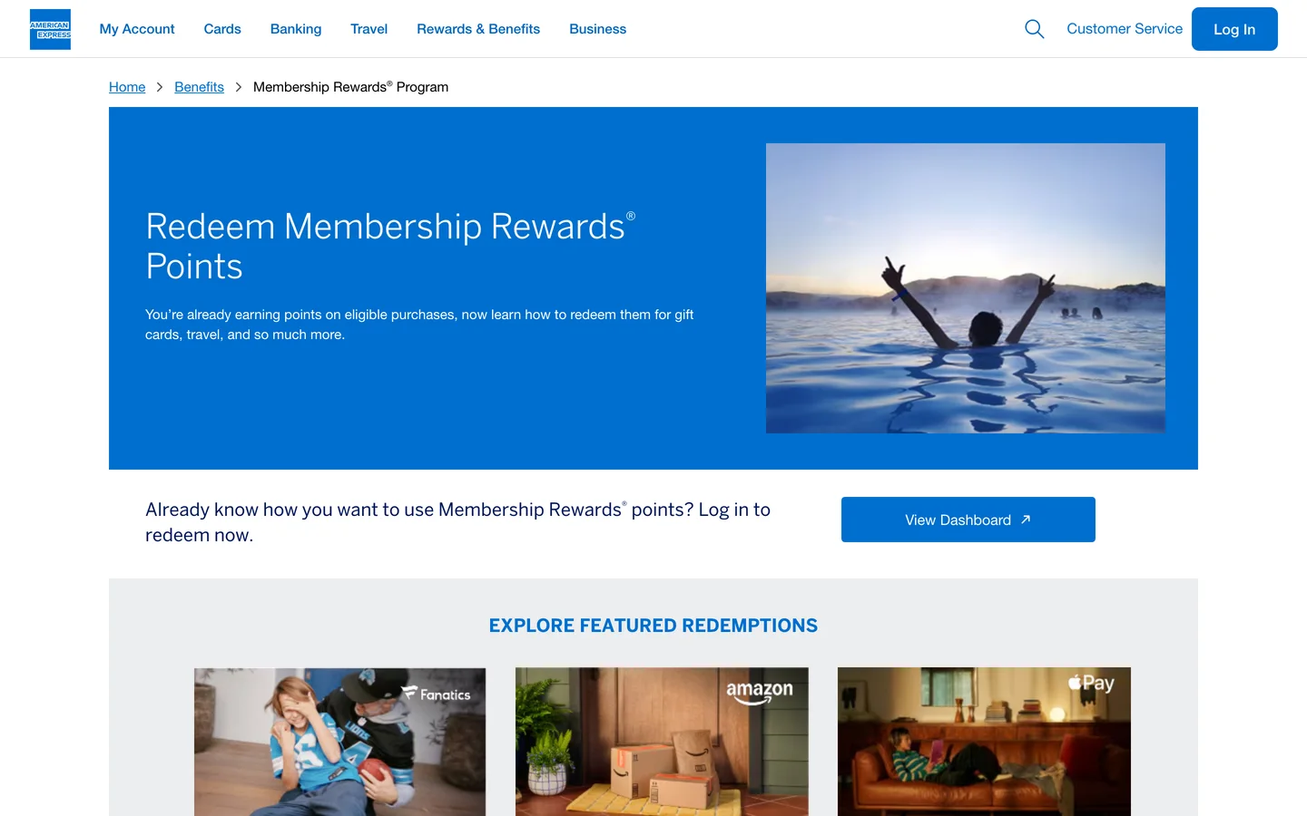 American Express Membership Rewards redemption page showing ways to redeem points