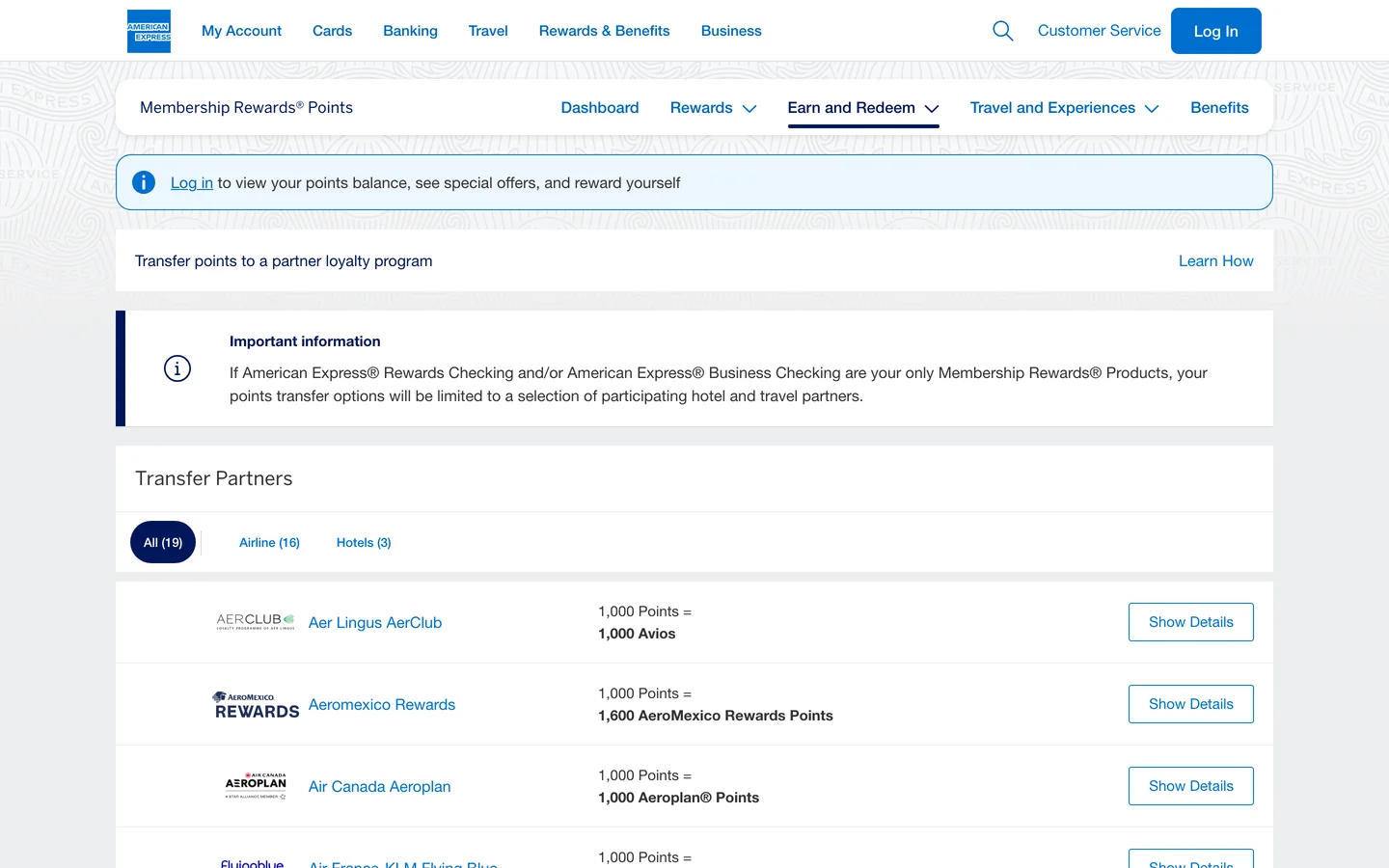 American Express Membership Rewards program page listing points and transfer options