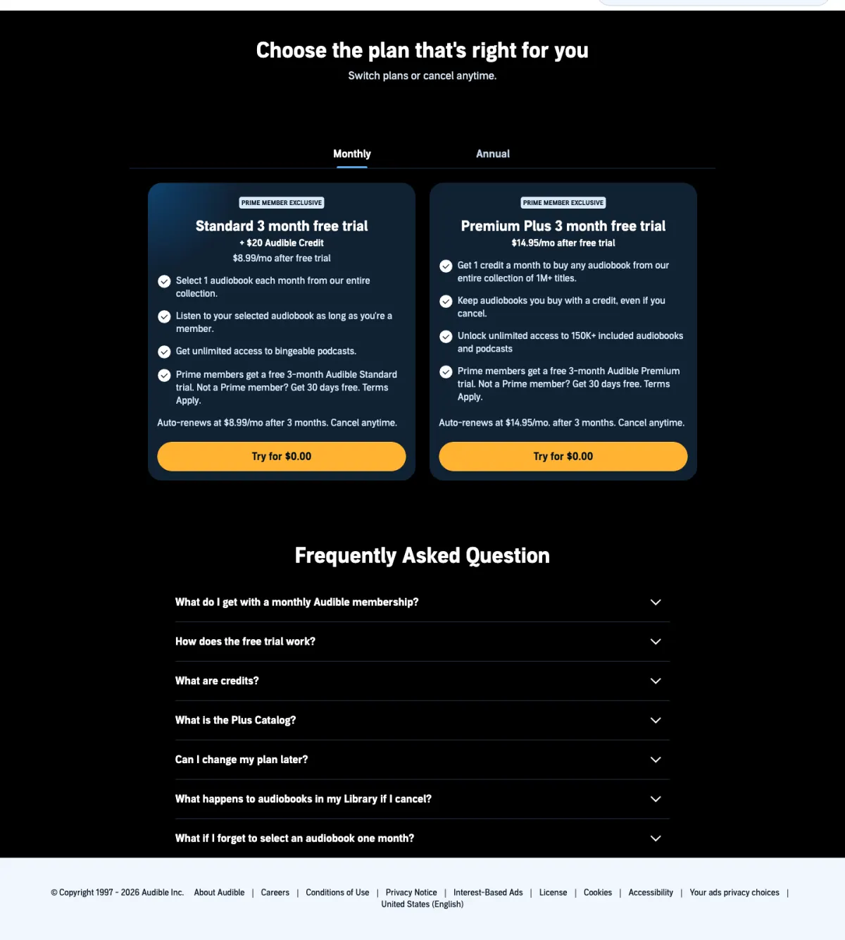 Audible membership page showing Audible Standard at $8.99/mo and Audible Premium Plus at $14.95/mo