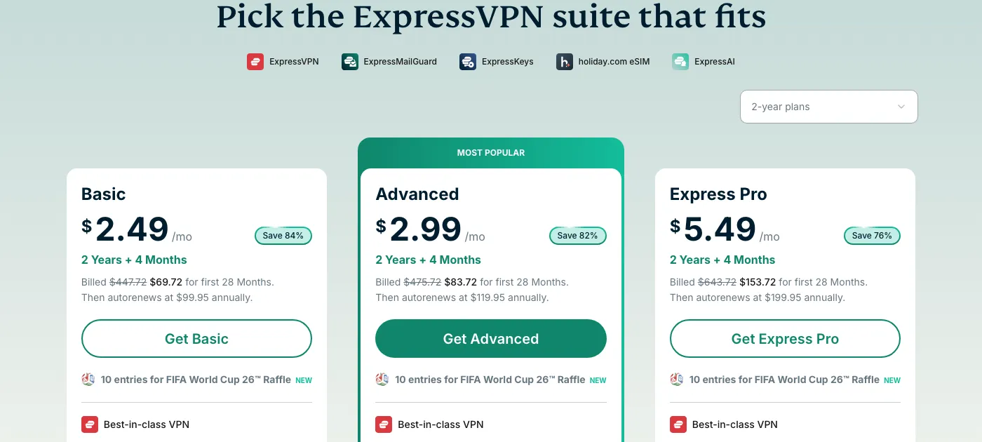 ExpressVPN pricing page showing three tiers — Basic at $2.49/mo, Advanced at $2.99/mo (marked Most Popular), and Express Pro at $5.49/mo — on the 2-year plan, with the higher renewal rates listed below each