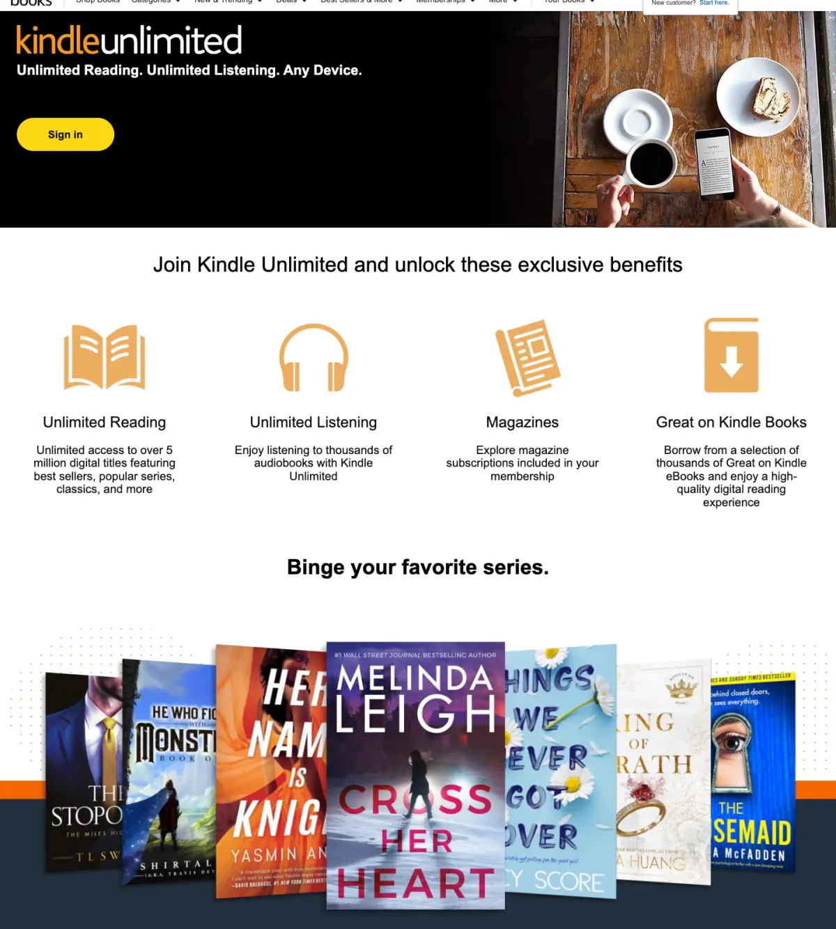 Kindle Unlimited membership landing page describing unlimited reading, listening, and magazine access