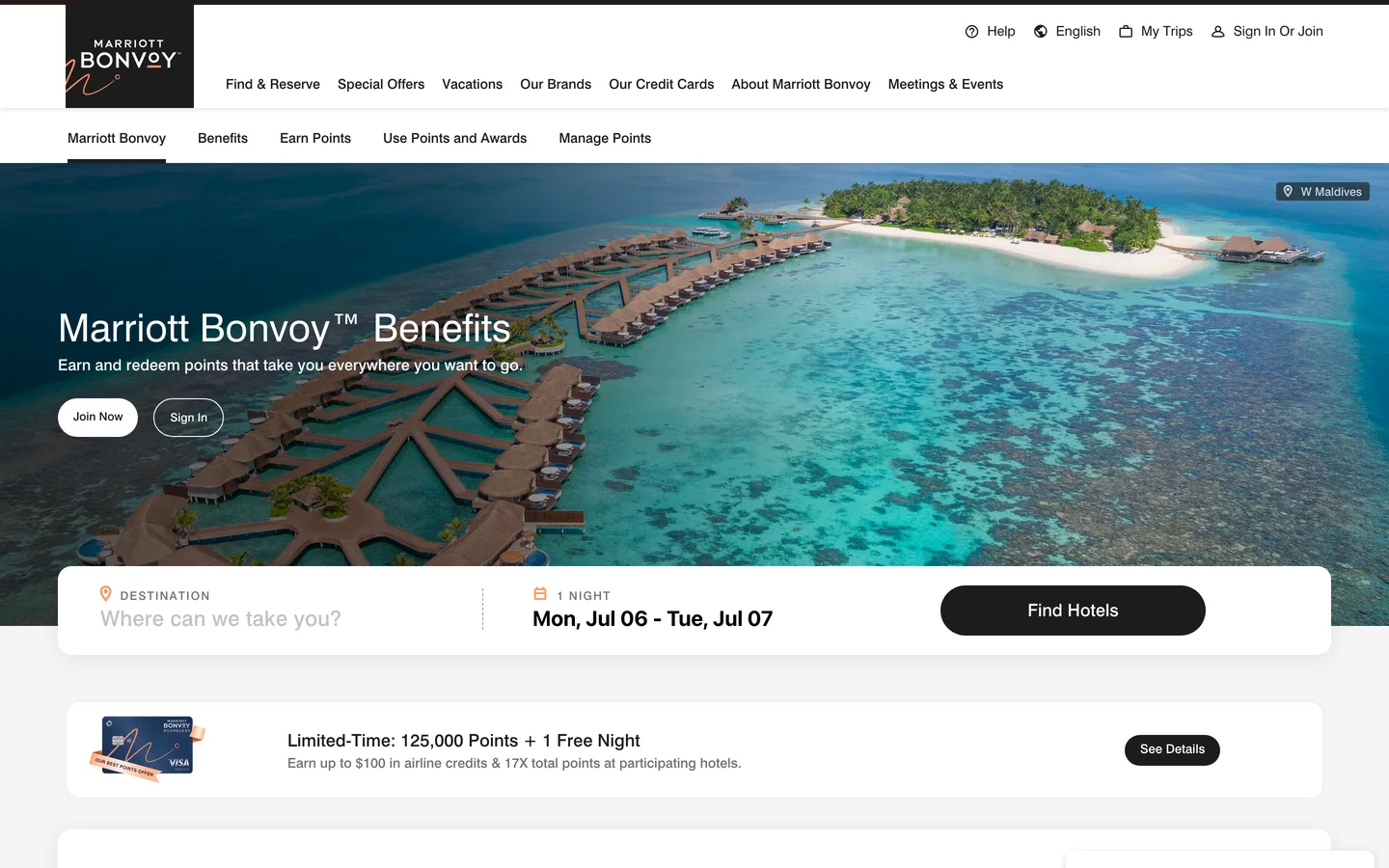 Marriott Bonvoy public benefits page, captured July 2026