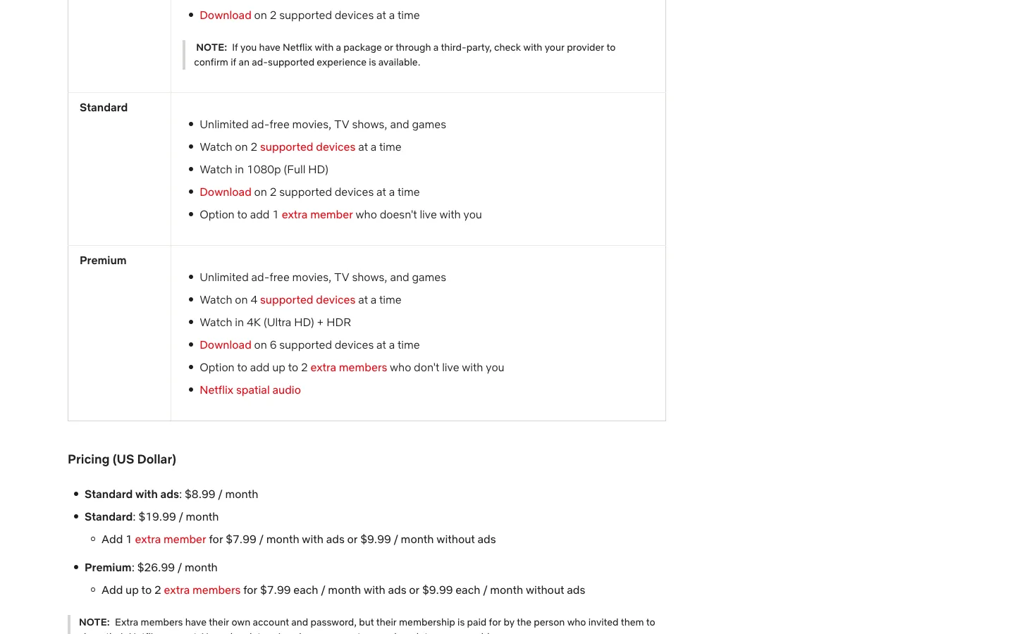Netflix's official US plans page showing Standard with ads at $8.99/month, Standard at $19.99/month, and Premium at $26.99/month