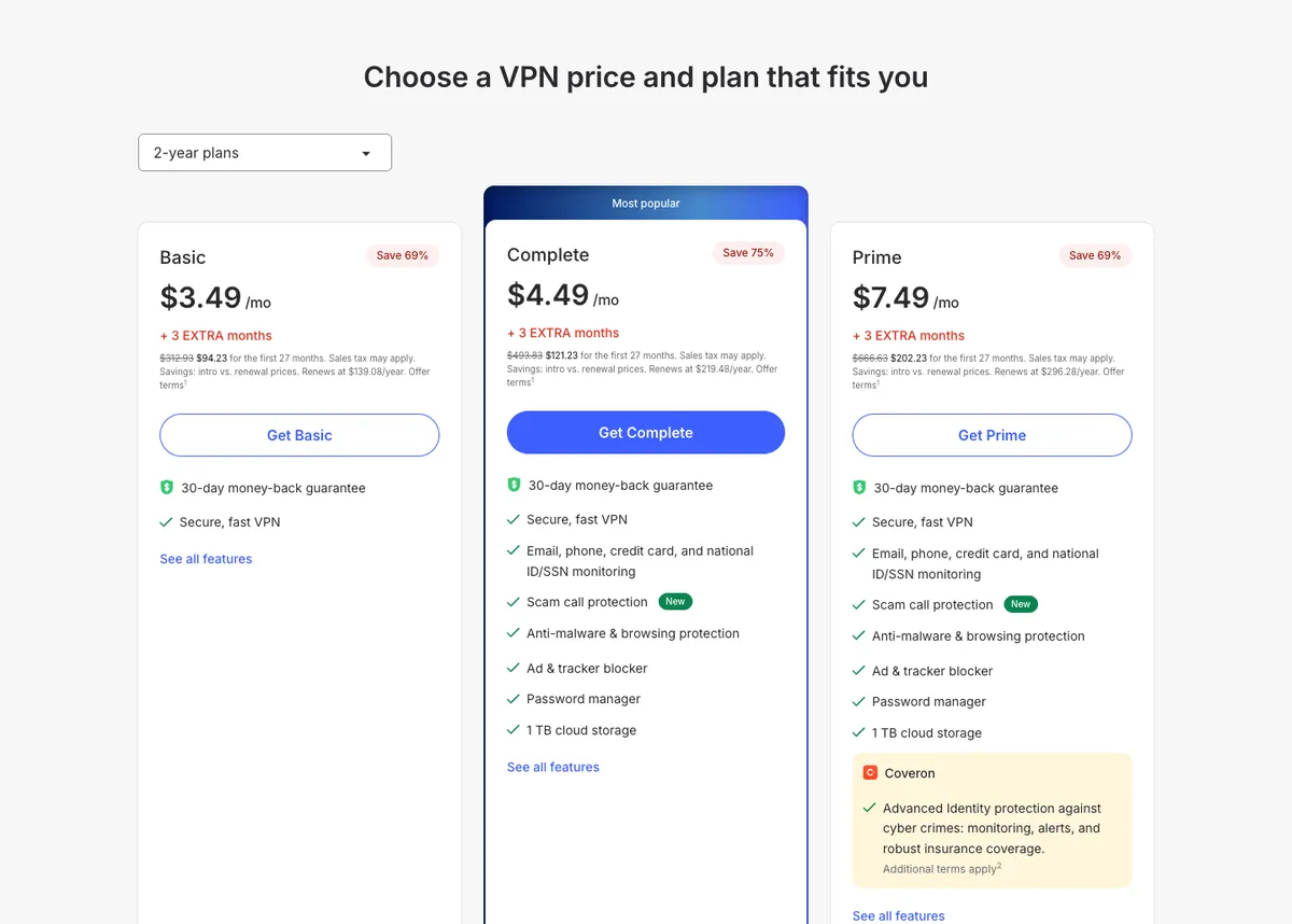 NordVPN pricing page on the 2-year plans tab showing Basic at $3.49/month, Complete at $4.49/month, and Prime at $7.49/month, each with a 30-day money-back guarantee