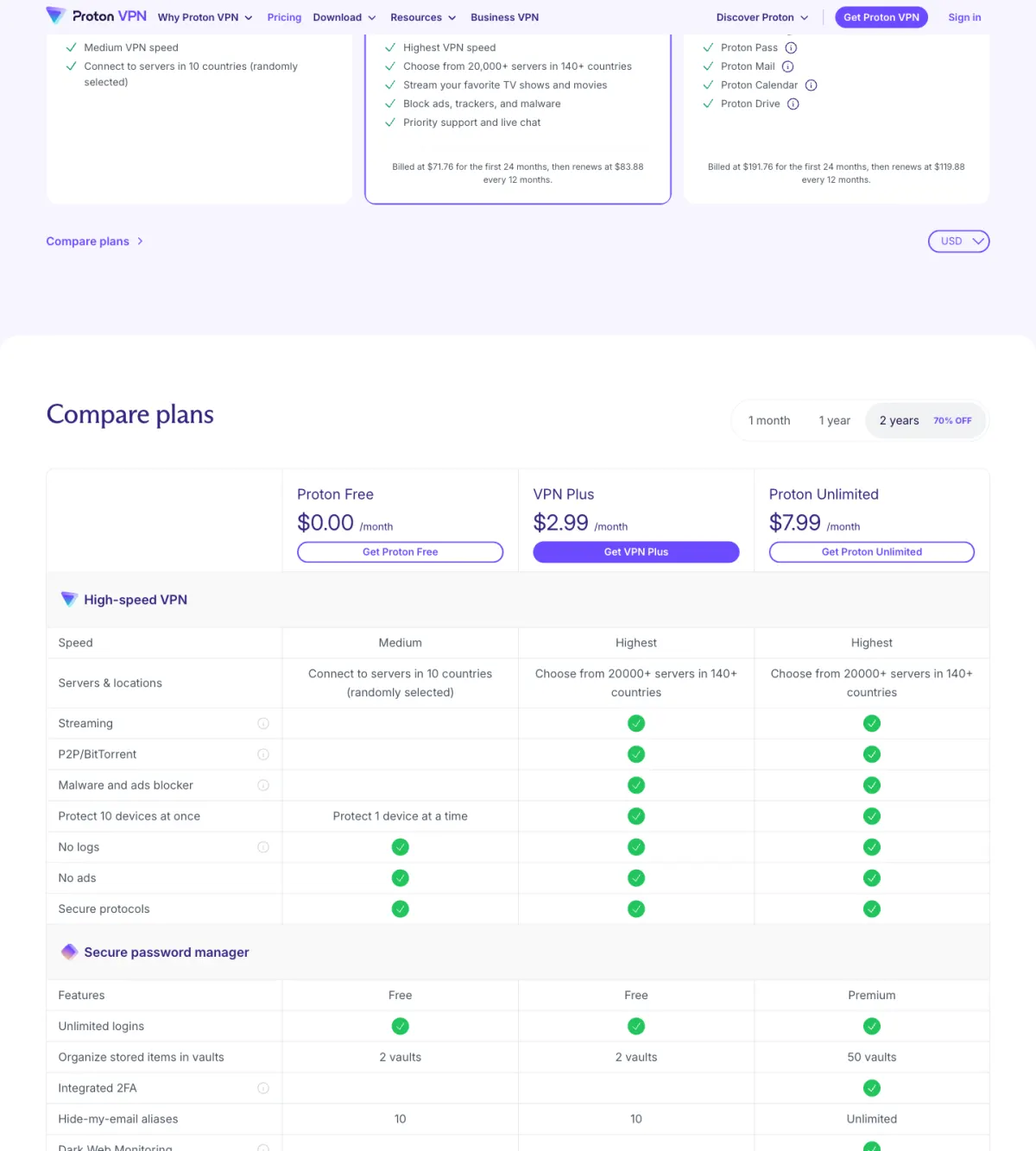 Proton VPN pricing page showing the free plan and VPN Plus at about $2.99/mo on the 2-year term