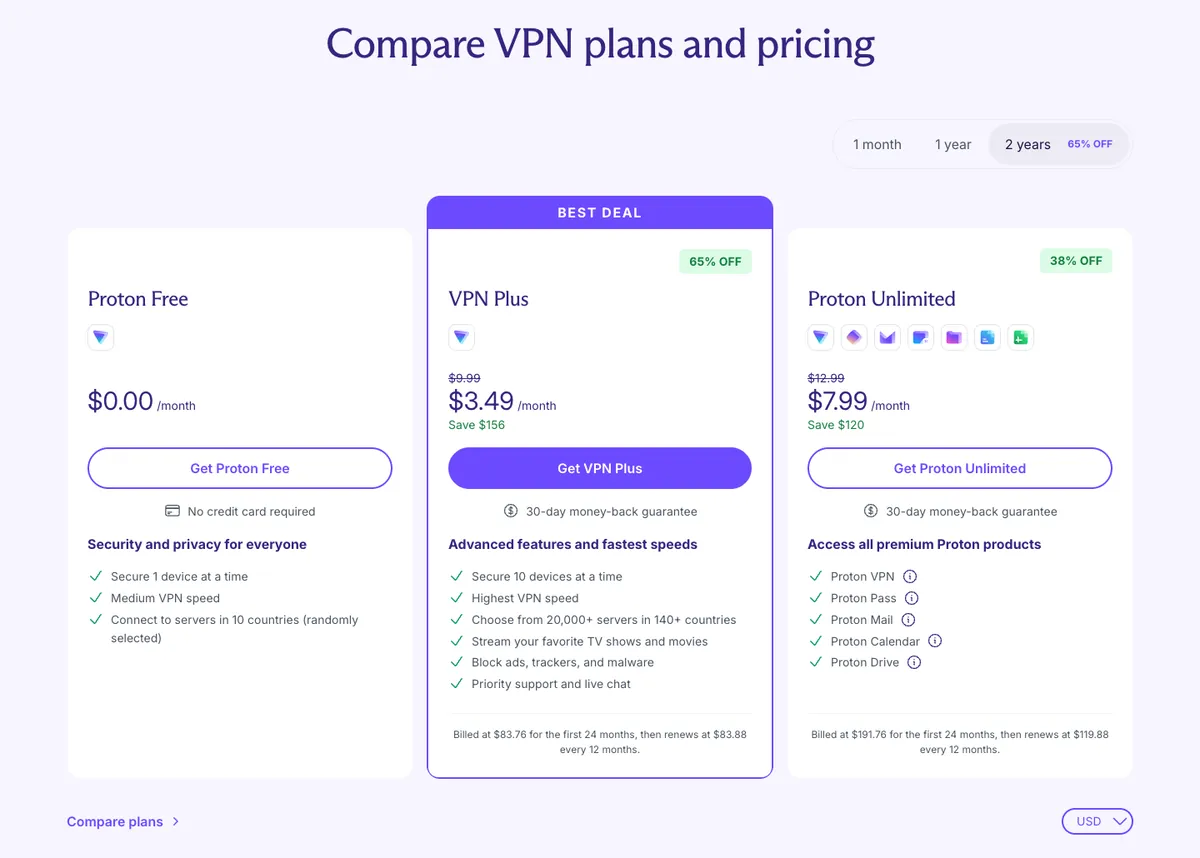 Proton VPN pricing page on the 2-year tab showing Proton Free at $0.00/month, VPN Plus at $3.49/month, and Proton Unlimited at $7.99/month