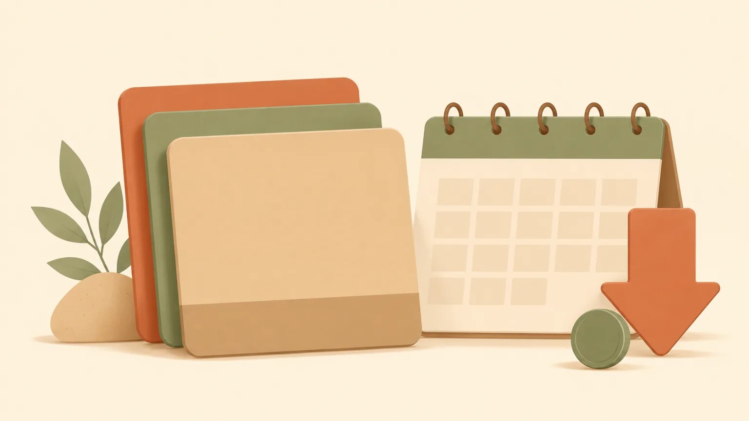 Flat-vector illustration of a stack of subscription cards beside a calendar and a downward price arrow, warm cream background with muted terracotta and sage accents, no text and no people