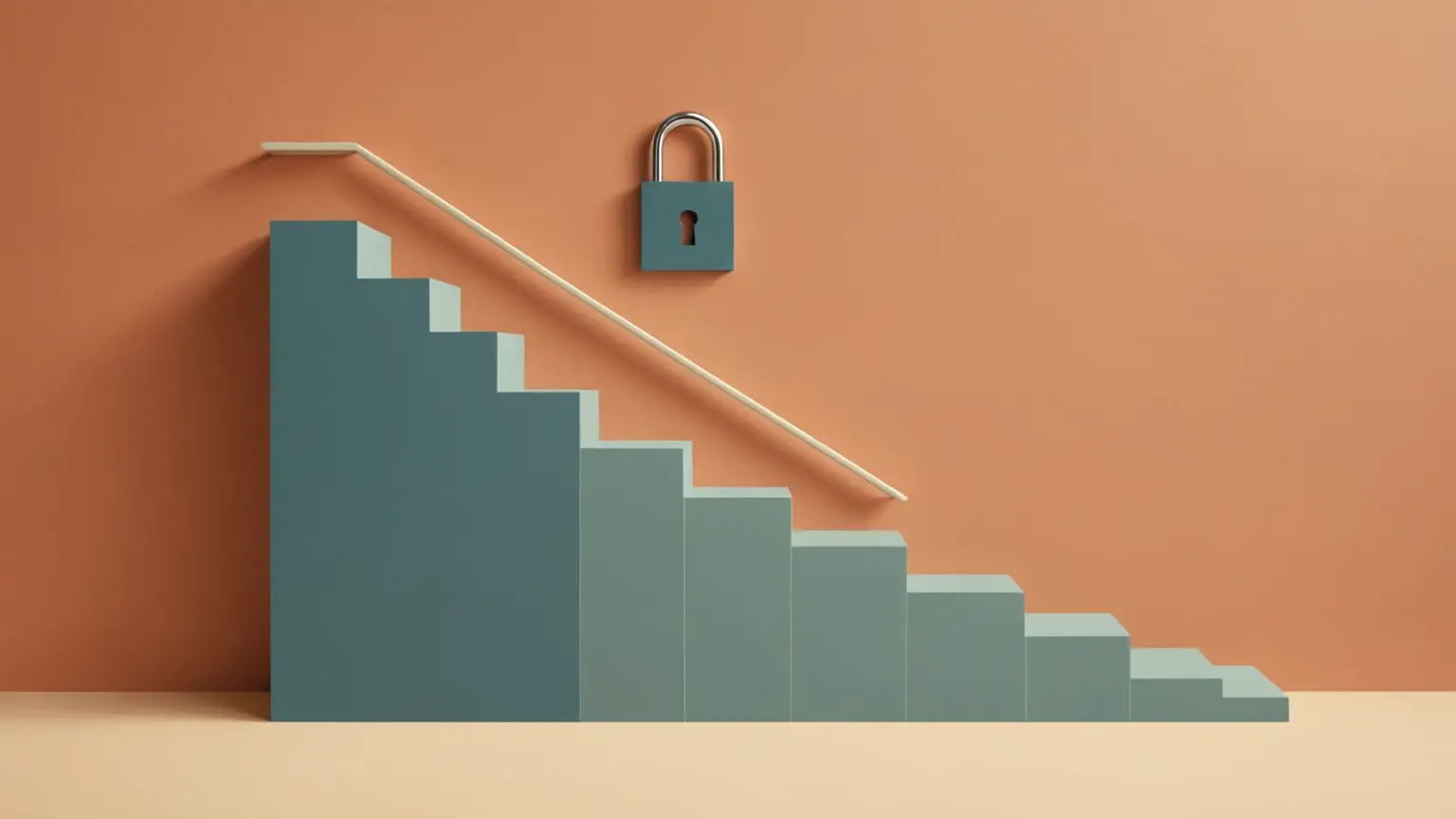 Flat-vector hero of a price tag with a rising arrow curving upward past year one, warm cream background with muted terracotta and sage accents, no text and no people